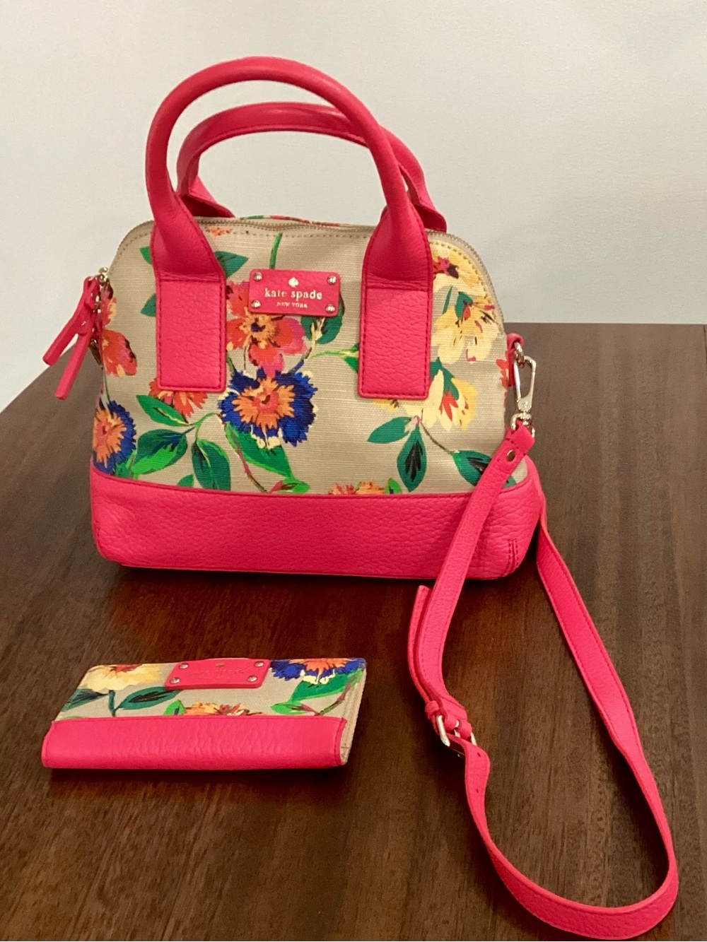 kate spade Beige Canvas Floral Tote with Hot Pink Trim - Picture 2 of 8